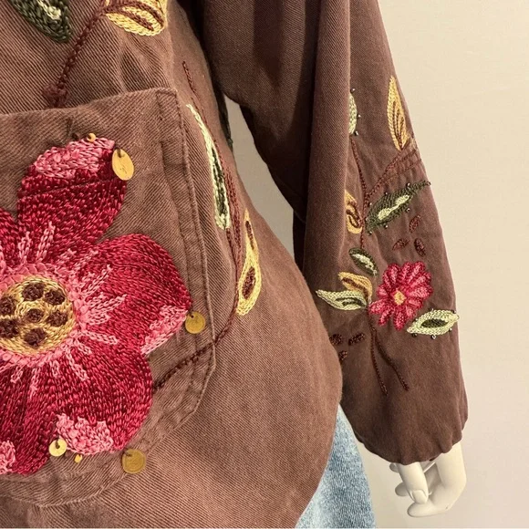 Passports Brown Beaded Jacket Size XL Floral Embroidery V-Neck Boho Artsy Casual - Picture 6 of 12